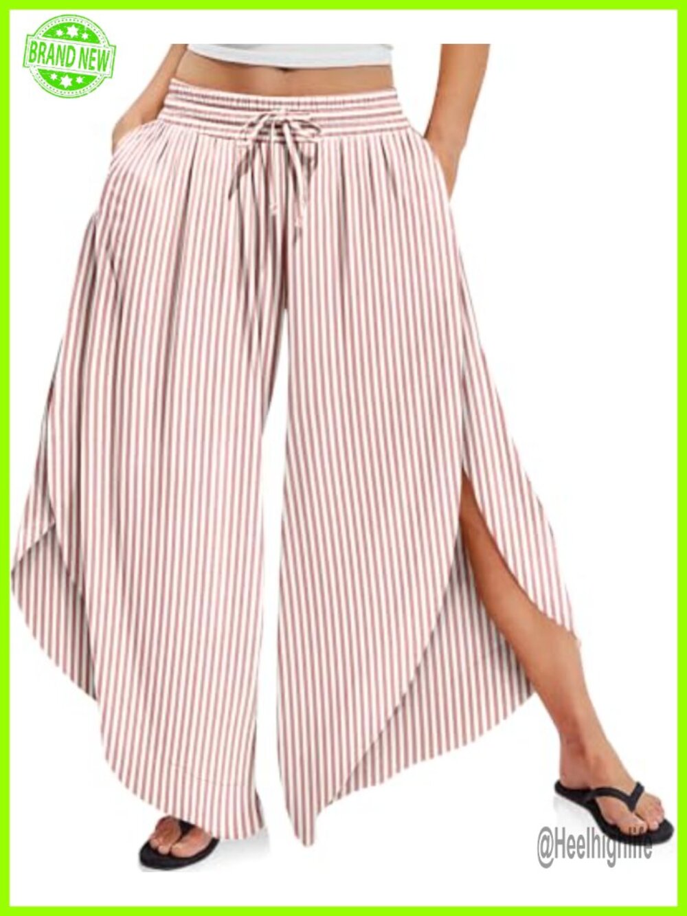Striped Wide Leg Palazzo Pants High Slit Cropped Linen